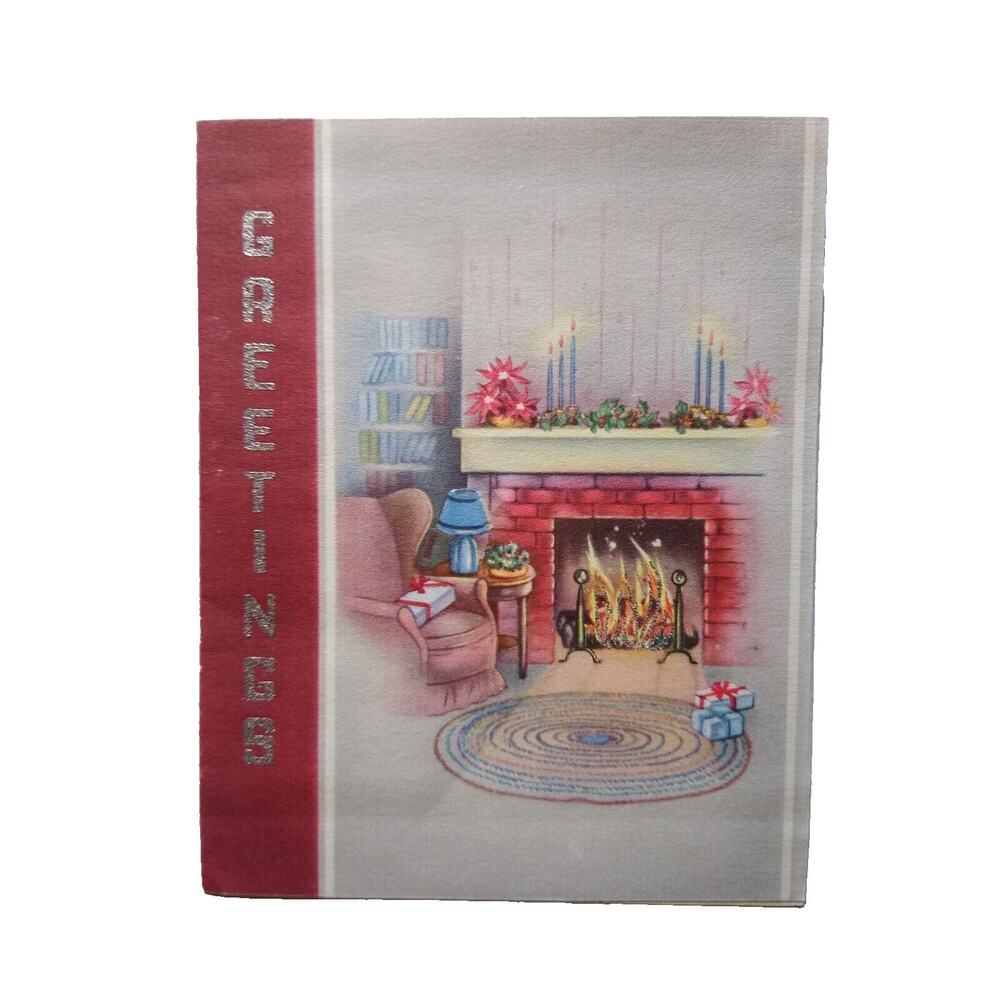 Christmas Greeting Card Vintage Mid Century Modern Glitter Fireplace Cozy Home